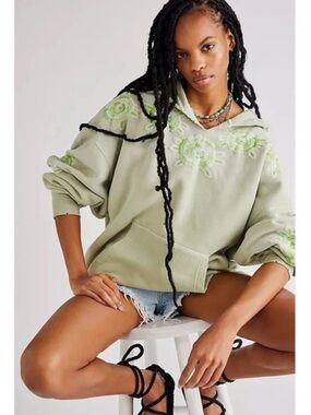 Free People We The Free Made Embroidered Floral Hoodie Sage Green S